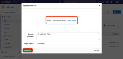 Screenshot of the model repository webpage on GitLab with the drag & drop file field and the ‘Upload file’ button highlighted