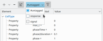 Editor options bar with active sort (by ascending value in last column) and filter mode (only displaying untagged model elements).